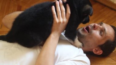 Bir köpekle oynayan adam