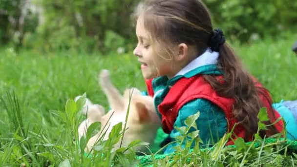 Ребенок играет с бежевым щенком — стоковое видео
