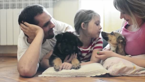 Νεαρή οικογένεια με σκυλιά — Αρχείο Βίντεο