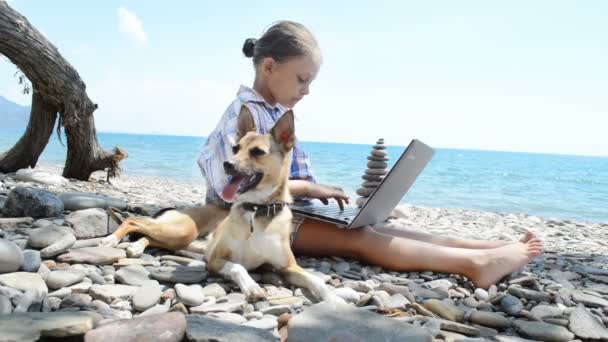 Girl with laptop on beach — Stock Video