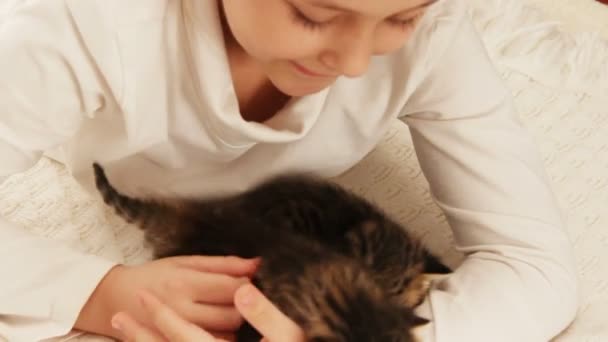 Küçük kedi yavrusu tutan kız — Stok video