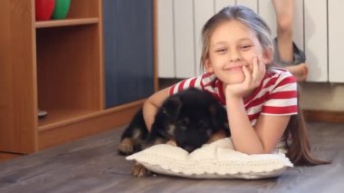 Kız yavaşça belgili tanımlık köpek yavrusu okşayarak