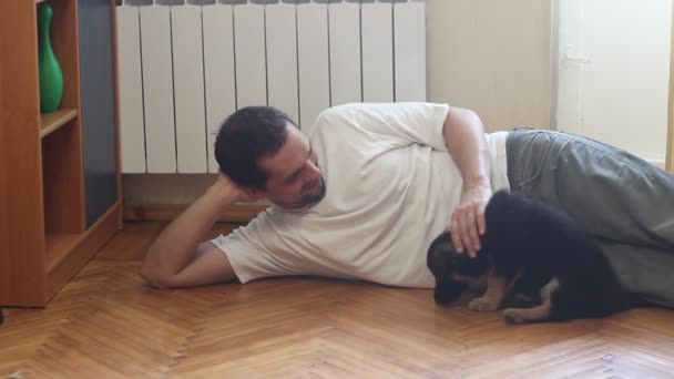 Hombre jugando con un cachorro — Vídeo de stock