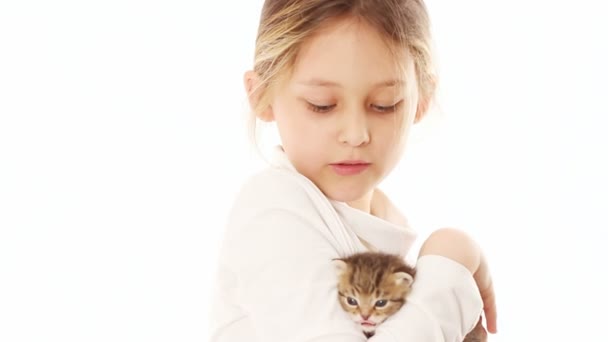 Menina segurando um gatinho — Vídeo de Stock