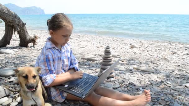 Mädchen mit Laptop am Strand笔记本电脑在海滩上的女孩 — 图库视频影像