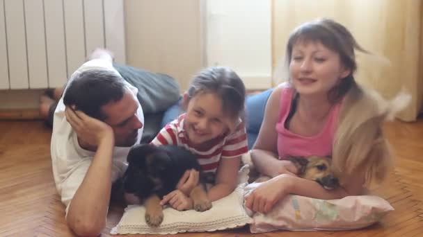 Família jovem com dois cães — Vídeo de Stock