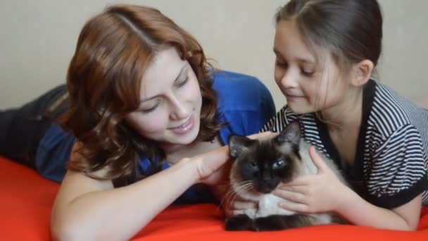 Sisters with domestic cat — Stock Video