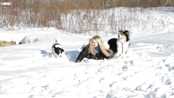 Chica rubia jugando con perros — Vídeo de stock