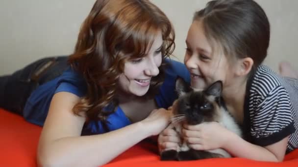 Sisters with domestic cat — Stock Video