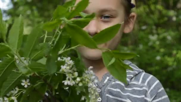 Meisje ruikende bloemen — Stockvideo