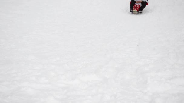 Счастливая семья в снегу с санями — стоковое видео