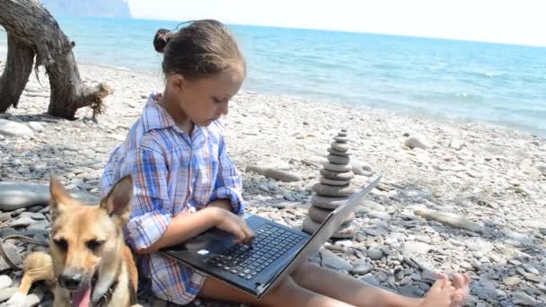 Flicka med laptop på stranden — Stockvideo