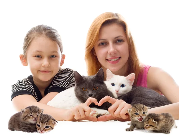 Meninas abraçando gatos — Fotografia de Stock