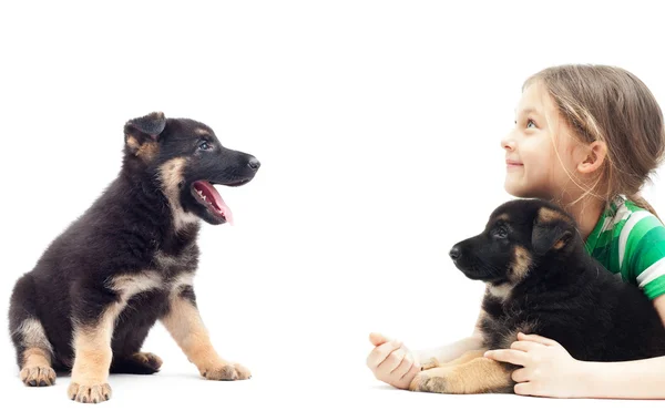 Girl and puppy looking — Stock Photo, Image