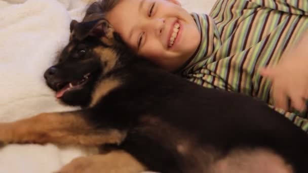 Menina com filhote de cachorro na cama — Vídeo de Stock