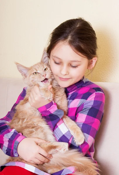 Criança ternamente abraça gatinho — Fotografia de Stock