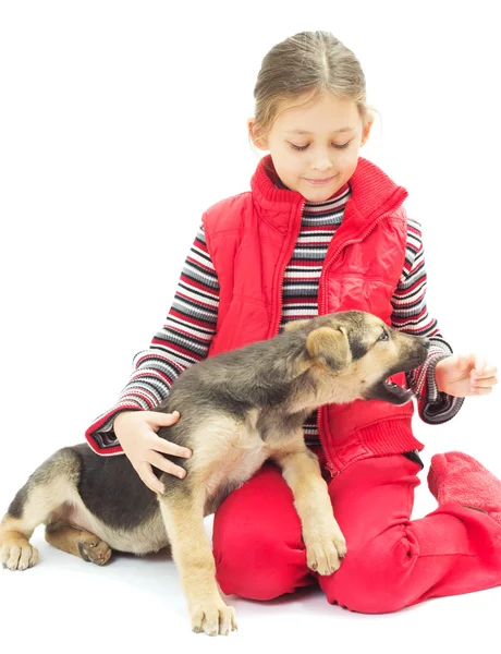 Petite fille jouer avec un chien — Photo