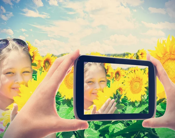 Photographed  smartphone girl in sunflowers — Stock Photo, Image