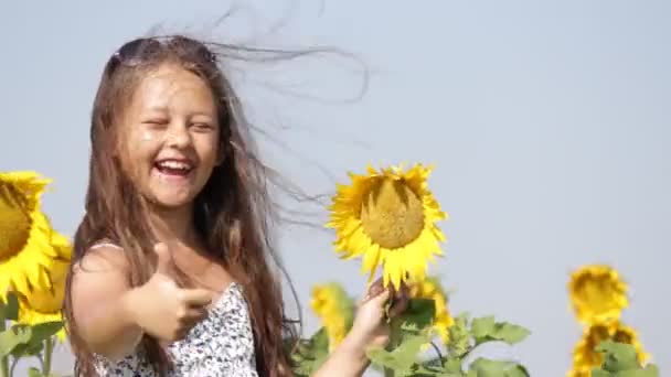 Kind en een veld met zonnebloemen — Stockvideo