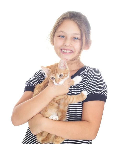 Weinig meisje en rode kitten — Stockfoto