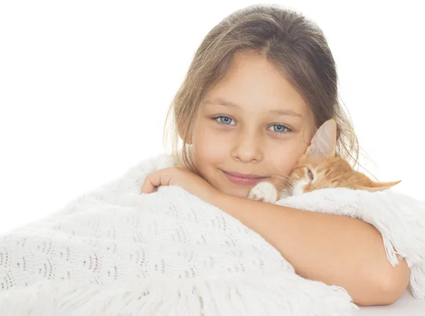 Kid and red kitten — Stock Photo, Image