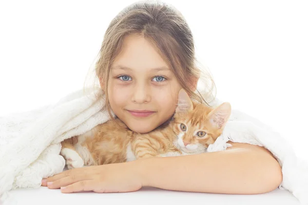 Girl and red kitty — Stock Photo, Image