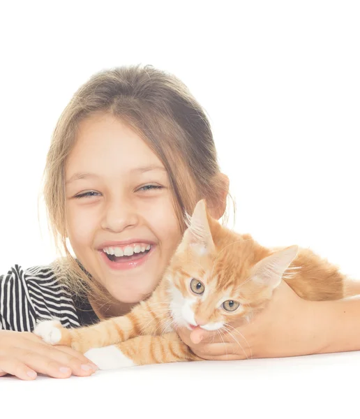 Girl and kitten looks on a white background — Stock Photo, Image
