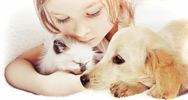 Pequeña linda chica cariñosamente abrazando gatito y perrito — Foto de Stock