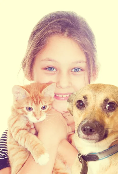 Girl and kitten and dog — Stock Photo, Image