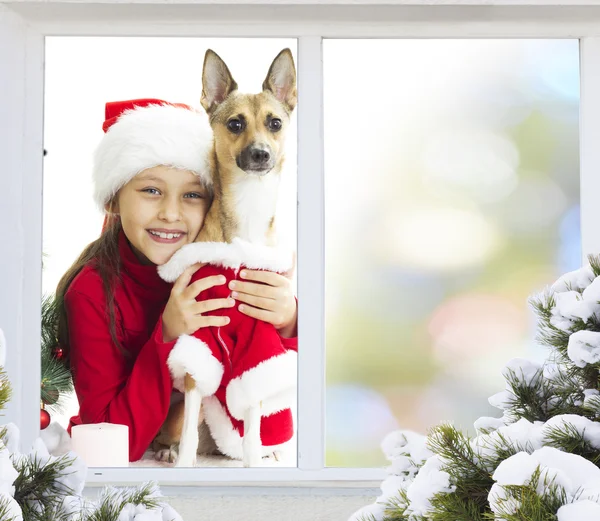 Liten flicka och en valp väntar jul — Stockfoto
