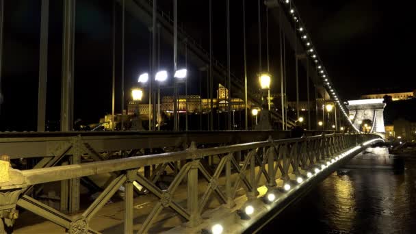 Puente Sobre Río Danubio Budapest Hungría Buenas Noches Luces Disparo — Vídeos de Stock