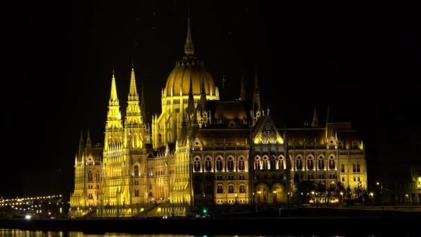 Hongaars Parlement Boedapest Avond Lichten Neergeschoten Uhd — Stockvideo