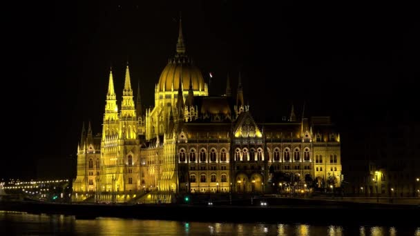 Hongaars Parlement Boedapest Avond Lichten Neergeschoten Uhd — Stockvideo