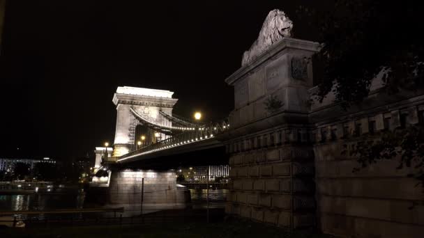 Ponte Rio Danúbio Budapeste Hungria Boa Noite Luzes Tiros Uhd — Vídeo de Stock