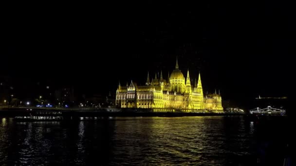 Hongaars Parlement Boedapest Avond Lichten Neergeschoten Uhd — Stockvideo