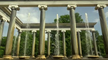 Aslan şelalesi. Peterhof. Çeşmeler. Petrodvoretler. 4 bin. 4K, UHD 'de çekilmiş.