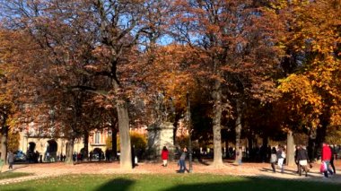 Paris 'teki Place des Vosges Meydanı' nda Kral XIII. Louis anıtı. Fransa. 4K 'da video, UHD