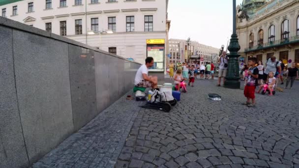 Prague Czech Republic Summer 2015 Street Musician Plays Buckets Drums — Stock Video