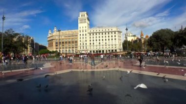 Barcelona 'nın merkezindeki meydanda güvercinler. İspanya. 4K 'da video, UHD