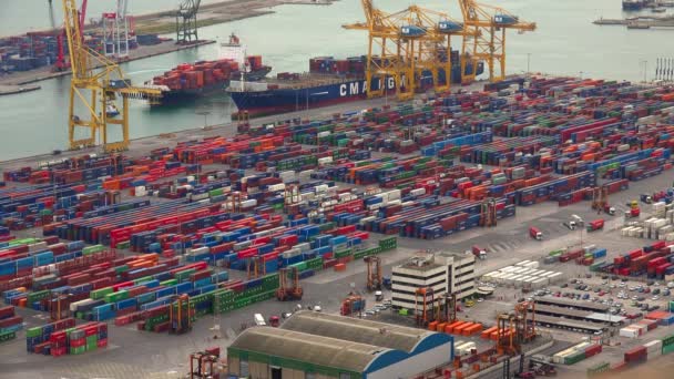 Container Port Dockar Fartyg Kommersiella Frakt Frakt Barcelona Spanien Video — Stockvideo