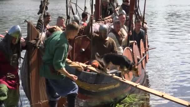 Bojová Vikingská Loď Středověcí Válečníci Video Uhd Reálný Čas — Stock video
