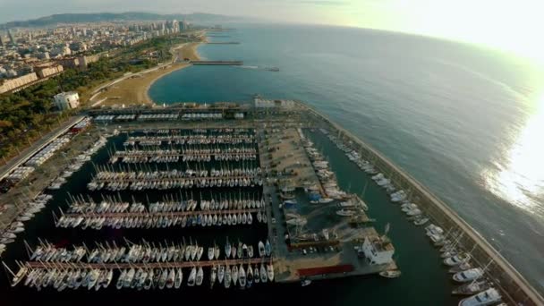 Vista Aérea Amarre Yate Barcos Frente Costa Barcelona España Video — Vídeos de Stock