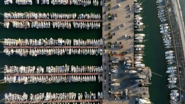 Luftaufnahme Liegeplatz Jacht Und Boote Vor Der Küste Von Barcelona — Stockvideo