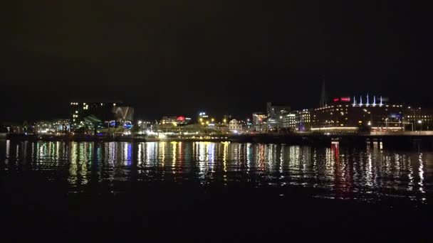 Iluminación Nocturna Estación Central Estocolmo Suecia Video Uhd — Vídeos de Stock