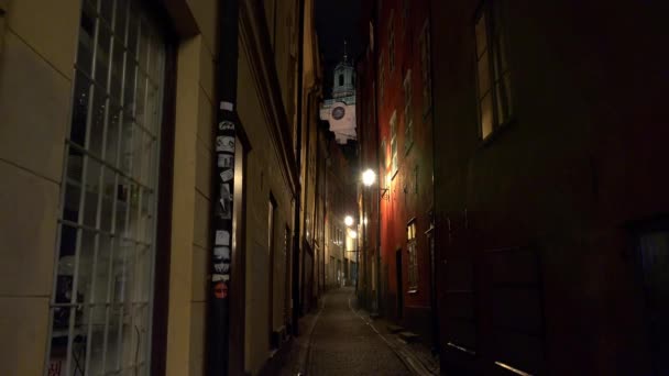 Nachtbeleuchtung Der Alten Engen Straße Zentrum Stockholms Altstadt Architektur Alte — Stockvideo