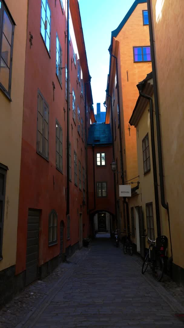 Alte Enge Straße Zentrum Stockholms Altstadt Architektur Alte Häuser Straßen — Stockvideo