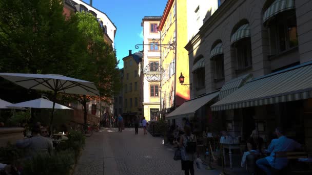 Alte Enge Straße Zentrum Stockholms Altstadt Architektur Alte Häuser Straßen — Stockvideo