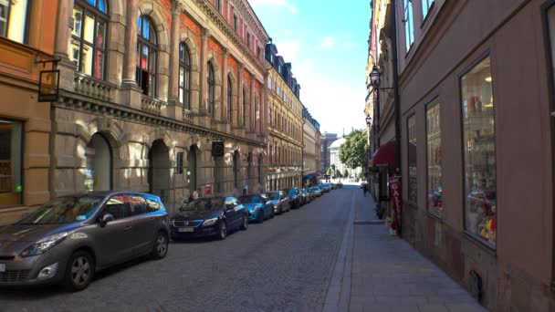 Antiga Rua Estreita Centro Estocolmo Cidade Velha Arquitetura Casas Antigas — Vídeo de Stock