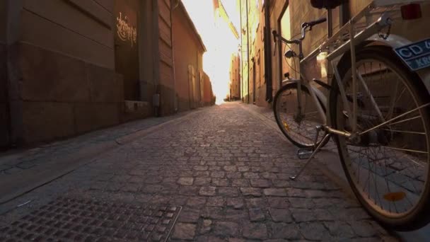 Forntida Smal Gata Centrala Stockholm Gamla Stan Arkitektur Gamla Hus — Stockvideo