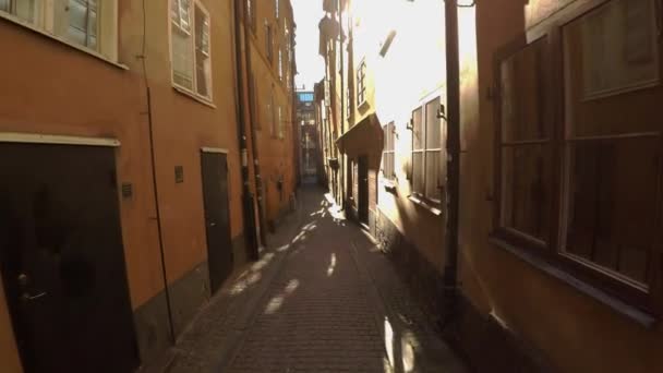 Alte Enge Straße Zentrum Stockholms Altstadt Architektur Alte Häuser Straßen — Stockvideo